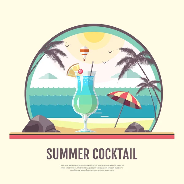 Flat style design of summer beach landscape with cocktail — Stock Vector