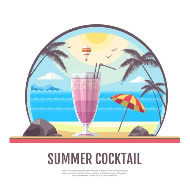 Düz stil tasarım yaz plaj manzara kokteyl ile