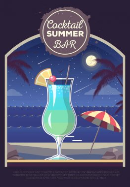 Düz stil tasarım yaz plaj manzara kokteyl ile
