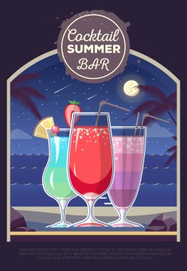 Kokteyl yaz çubuğunun düz stil tasarım. Kokteyl menü