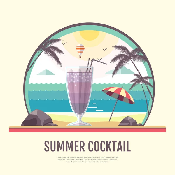 Flat style design of summer beach landscape with cocktail — Stock Vector