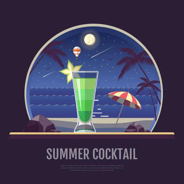 Vlakke stijl ontwerp van zomer strand landschap met cocktail — Stockvector