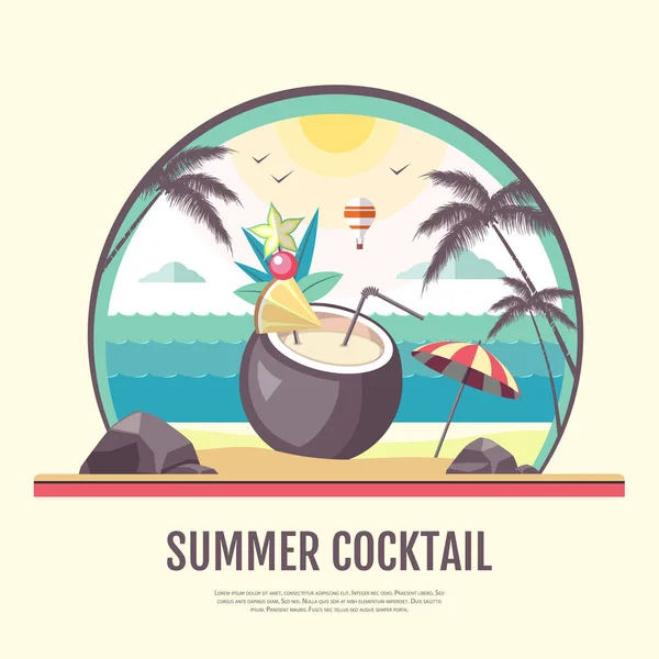 Плоский дизайн летнего пляжного пейзажа с коктейлем — стоковый вектор