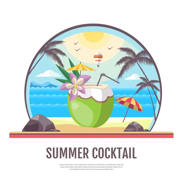 Design în stil plat al peisajului de plajă de vară cu cocktail — Vector de stoc