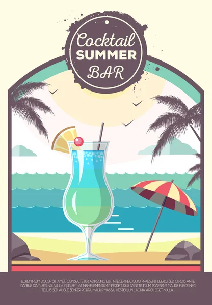 Flaches Design der sommerlichen Strandlandschaft mit Cocktail — Stockvektor