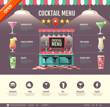 Düz stil tasarım kokteyl. Web sitesi tasarımı. Kokteyl menü