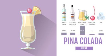 Düz stil kokteyl menü tasarımı. Kokteyl pina colada tarifi