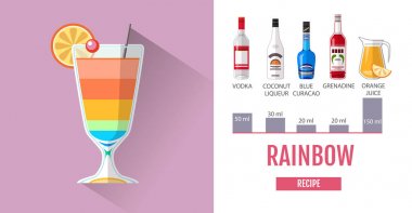 Düz stil kokteyl menü tasarımı. Gökkuşağı kokteyl tarifi