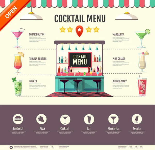 Flaches Design der Cocktailbar. Webseitengestaltung. Cocktailkarte — Stockvektor