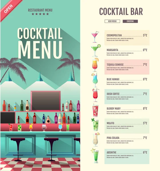 Design de menu retro cocktail estilo plano com bar interior — Vetor de Stock