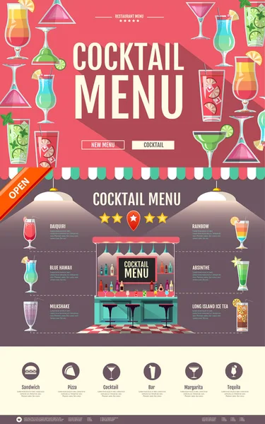 Platt stil cocktailbar design. Webbplatsdesign. Cocktailmeny — Stock vektor