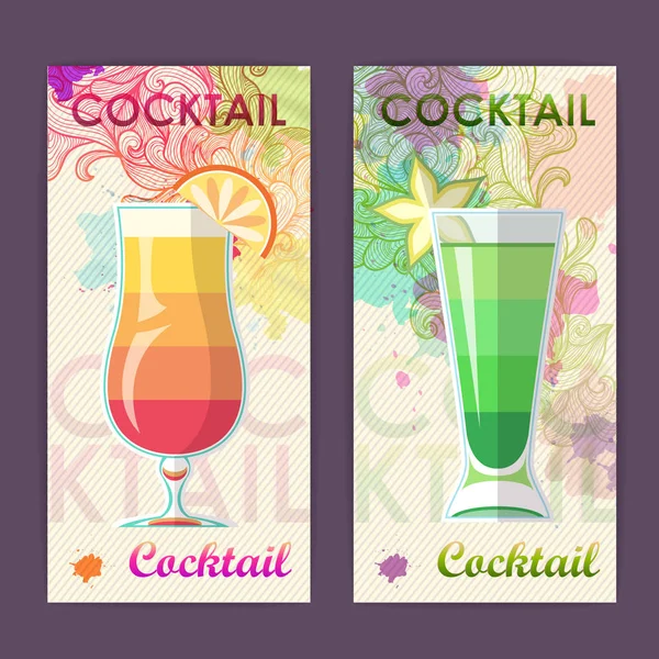 Flache Cocktailgestaltung auf künstlerisch dekorativem Aquarell-Hintergrund — Stockvektor