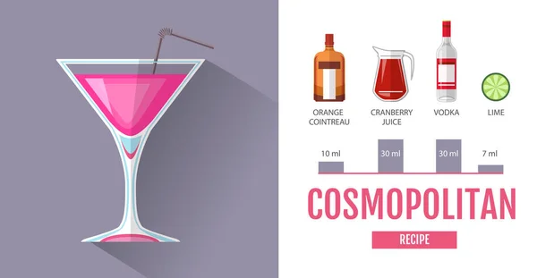 Flat style cocktail menu design. Cocktail cosmopolitan recipe — Stock Vector