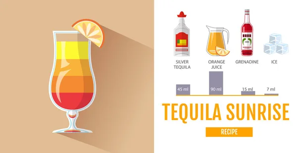 Design de menu de coquetel de estilo plano. Cocktail tequila sunrise receita — Vetor de Stock