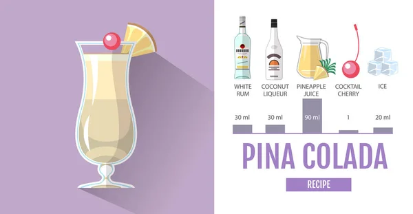 Vlakke stijl cocktailkaart ontwerp. Cocktail pina colada recept — Stockvector