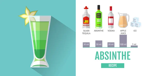 Diseño de menú de cóctel de estilo plano. Coctel de absenta receta — Vector de stock