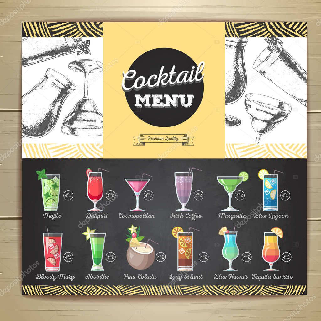 Vintage chalk drawing flat cocktail menu design. Corporate identity
