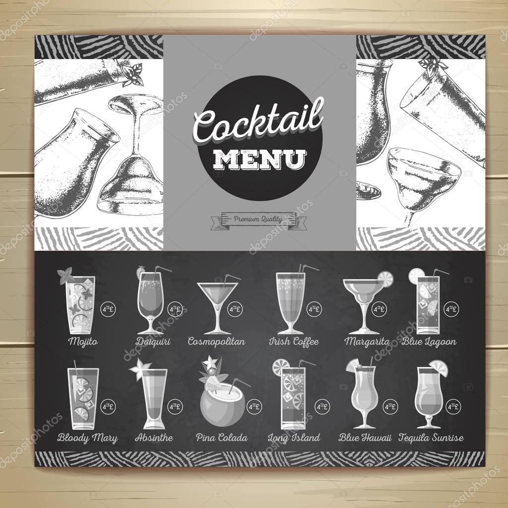 Vintage chalk drawing flat cocktail menu design. Corporate identity