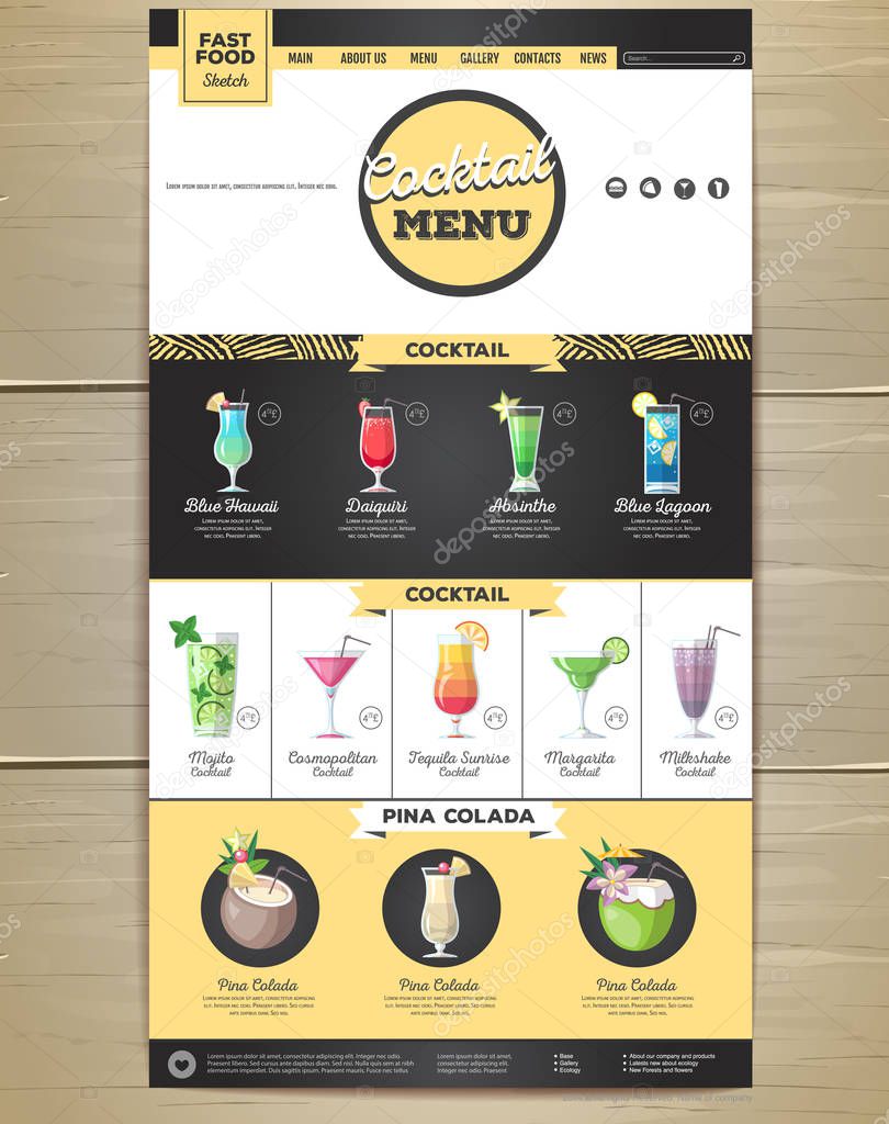 Flat cocktail menu concept Web site design. Corporate identity.
