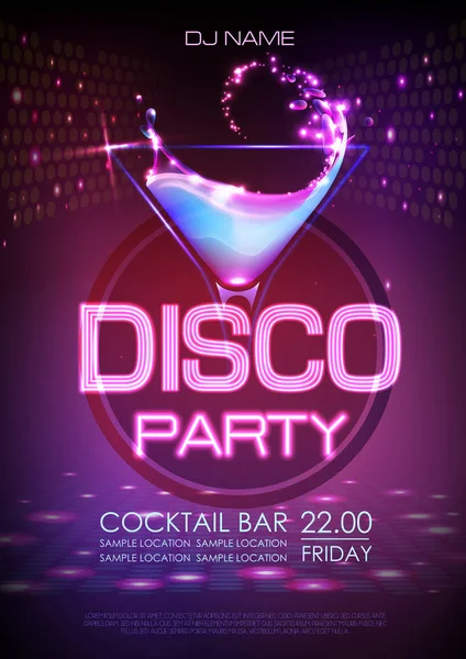 Poster per cocktail Disco al neon . — Vettoriale Stock