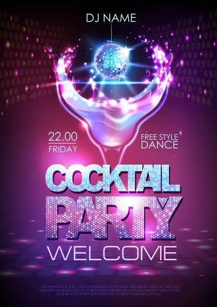 Neon Disco cocktail party poster. — Stock Vector