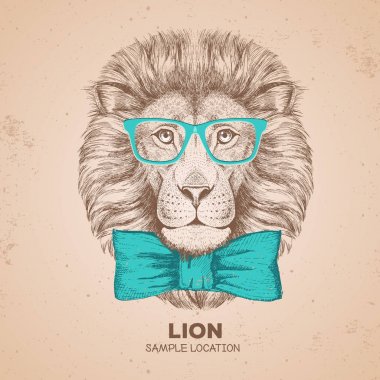 Retro Hipster hayvan aslan. Aslan el çizim namlu