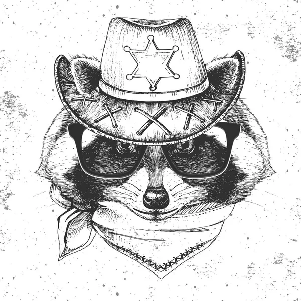 Retro Hipster mapache animal. Dibujo a mano Bozal de mapache animal — Archivo Imágenes Vectoriales