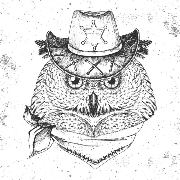 Retro Hipster kuş baykuş. El kuş baykuş namlu çizimi — Stok Vektör