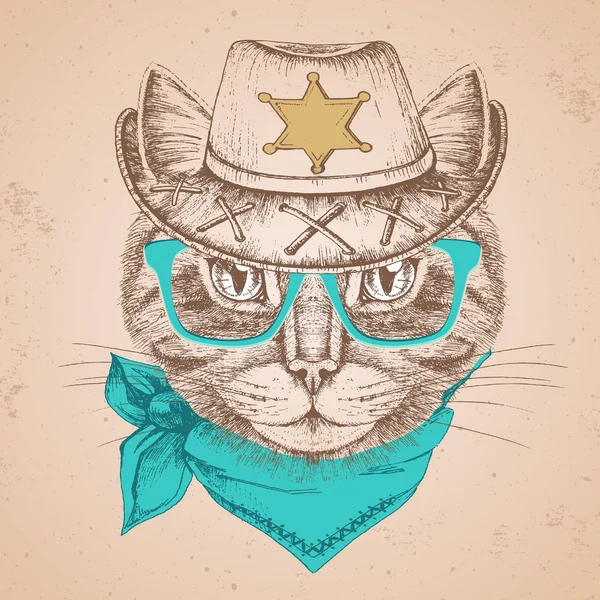 Gatto animale retrò hipster. Mano disegno Muso di gatto — Vettoriale Stock