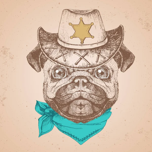 Retro Hipster dierlijke pug-hond. Hand tekenen snuit van pug-hond — Stockvector