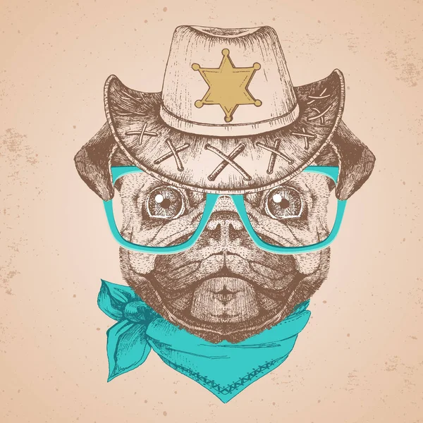 Retro Hipster hayvan pug-köpek. El pug köpek namlu çizimi — Stok Vektör