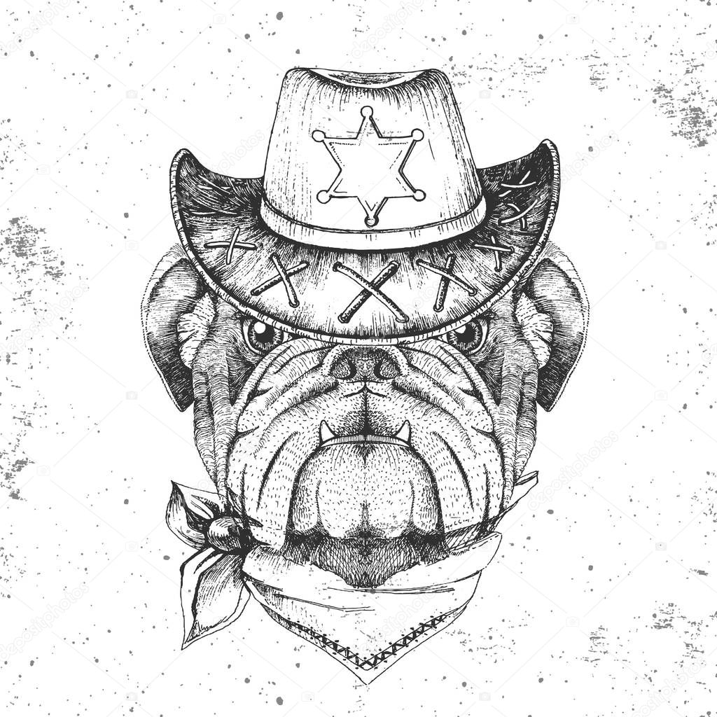 Retro Hipster animal bulldog. Hand drawing Muzzle of dog