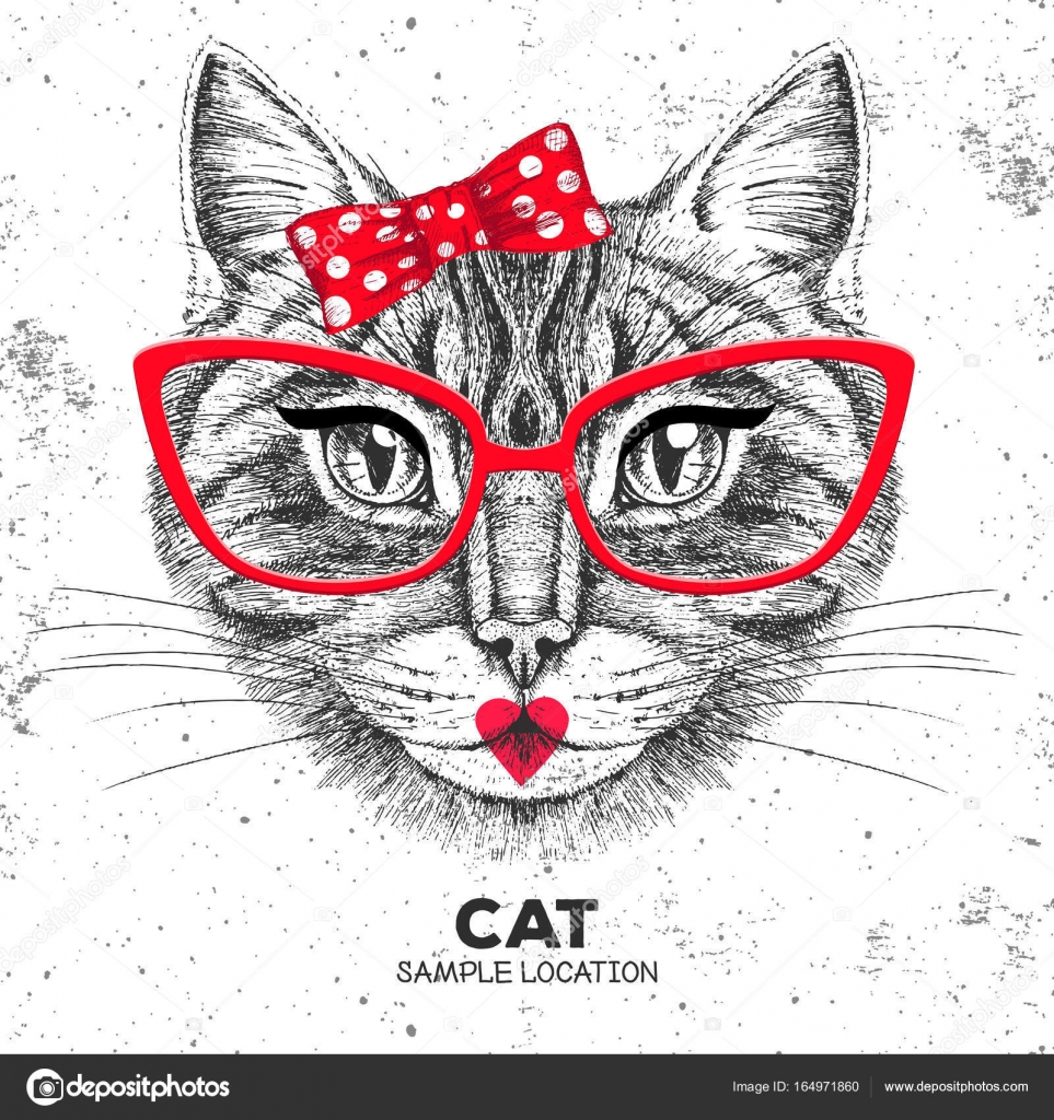Retro Hipster Zwierzęta Kot Dłoń Rysunek Pyska Zwierzę Kot