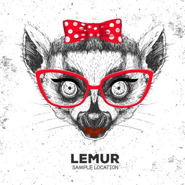 Retro Hipster hayvan lemur. El çizimi hayvan lemur namlu. 60'ların kızı