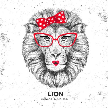 Retro Hipster hayvan aslan. El çizimi namlu hayvan aslan. 60'ların kızı