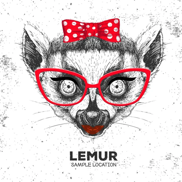 Retro-Hipster-Tier-Lemur. Handzeichnung Maulkorb von Tier Lemur. Mädchen der 60er Jahre — Stockvektor