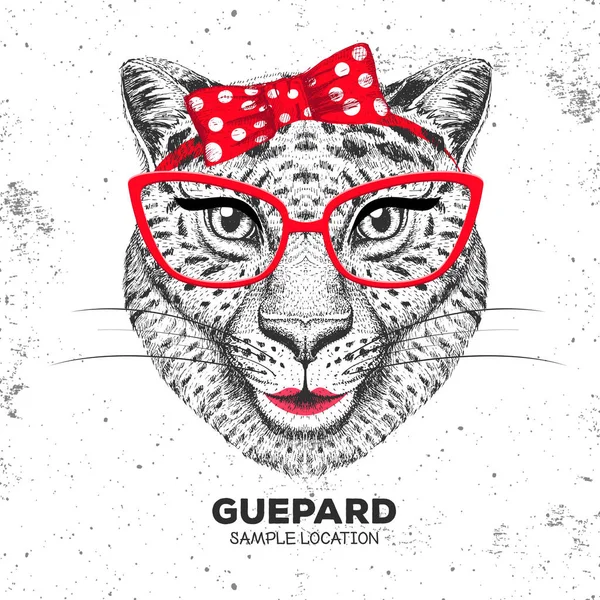 Ρετρό Hipster ζώων guepard. Χέρι σχέδιο ρύγχος των ζώων guepard. Κοπέλα από 60s — Διανυσματικό Αρχείο