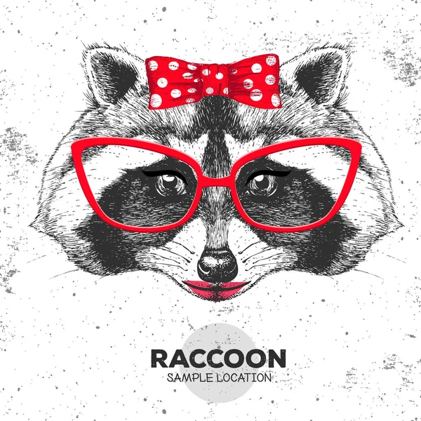 Retro Hipster hayvan Rakun. El çizimi hayvan Rakun namlu. 60'ların kızı