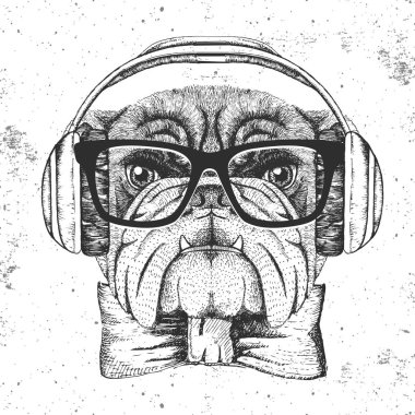 Hipster hayvan bulldog. El hayvan köpek namlu çizimi
