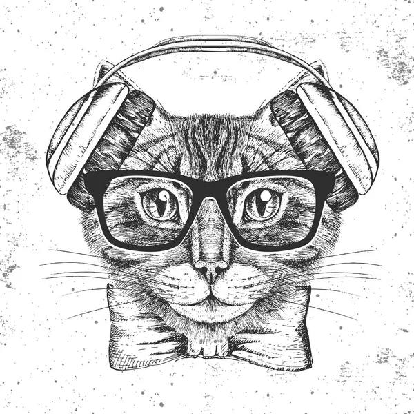 Hipster dierlijke kat. Hand tekenen snuit van dierlijke kat — Stockvector