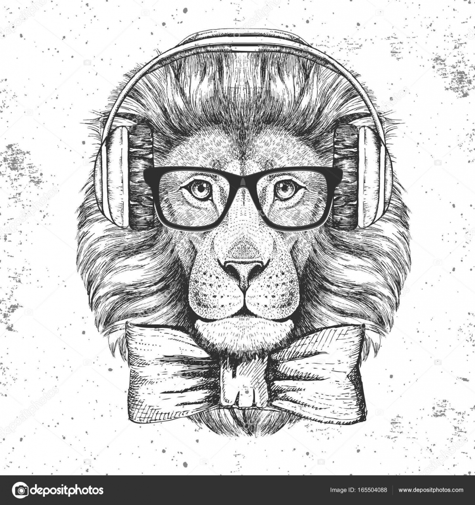 Hipster Zwierzęta Lew Ręka Rysunek Pyska Lwa Grafika