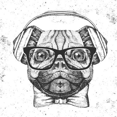 Retro Hipster hayvan pug-köpek. El pug köpek namlu çizimi