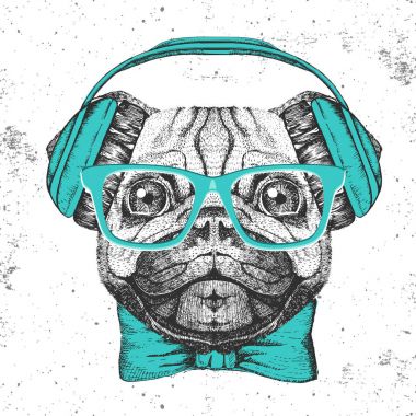Retro Hipster hayvan pug-köpek. El pug köpek namlu çizimi