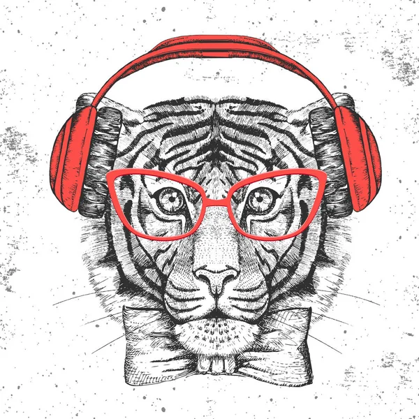 Tigre animal Hipster. Dibujo a mano Bozal de tigre — Vector de stock