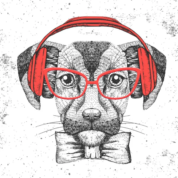 Hipster dierlijke hond. De tekening snuit van de hand van de hond — Stockvector