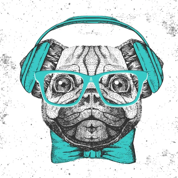 Perro-perro retro Hipster. Dibujo a mano Bozal de pug-dog — Vector de stock