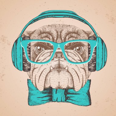 Hipster hayvan bulldog. El hayvan köpek namlu çizimi