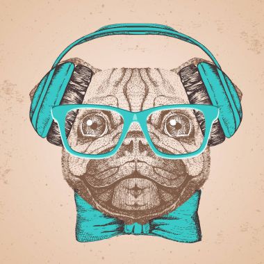 Retro Hipster hayvan pug-köpek. El pug köpek namlu çizimi