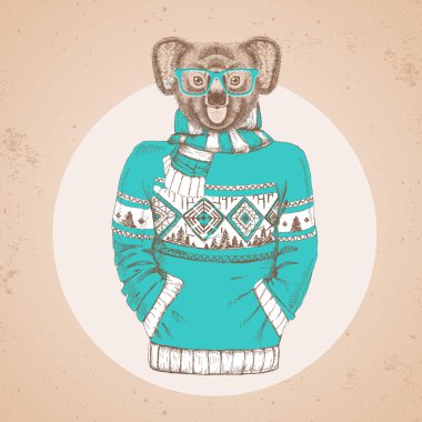 Retro Hipster moda hayvan koala kazak içinde giyinmiş. Hipster hayvanlar
