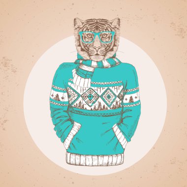 Retro Hipster moda hayvan kaplan kazak içinde giyinmiş. Hipster hayvanlar